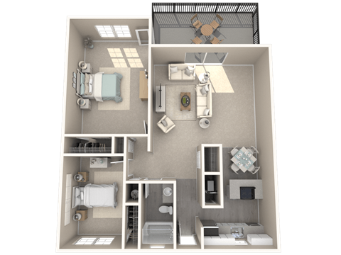 A 3D floor plan of a small apartment with a bedroom, living room, and kitchen.